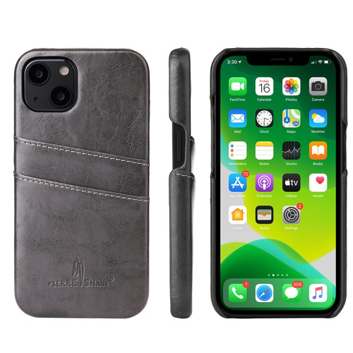 iPhone 13 mini Fierre Shann Retro Oil Wax Texture PU Leather Case with Card Slots - Grey